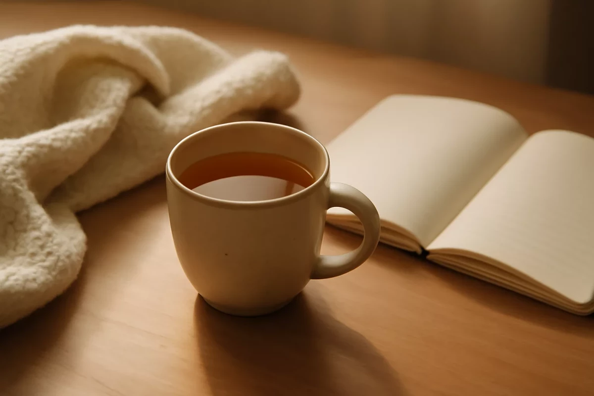 Taza de infusión junto a un cuaderno abierto en un ambiente cálido y acogedor que transmite calma, pausa y bienestar.