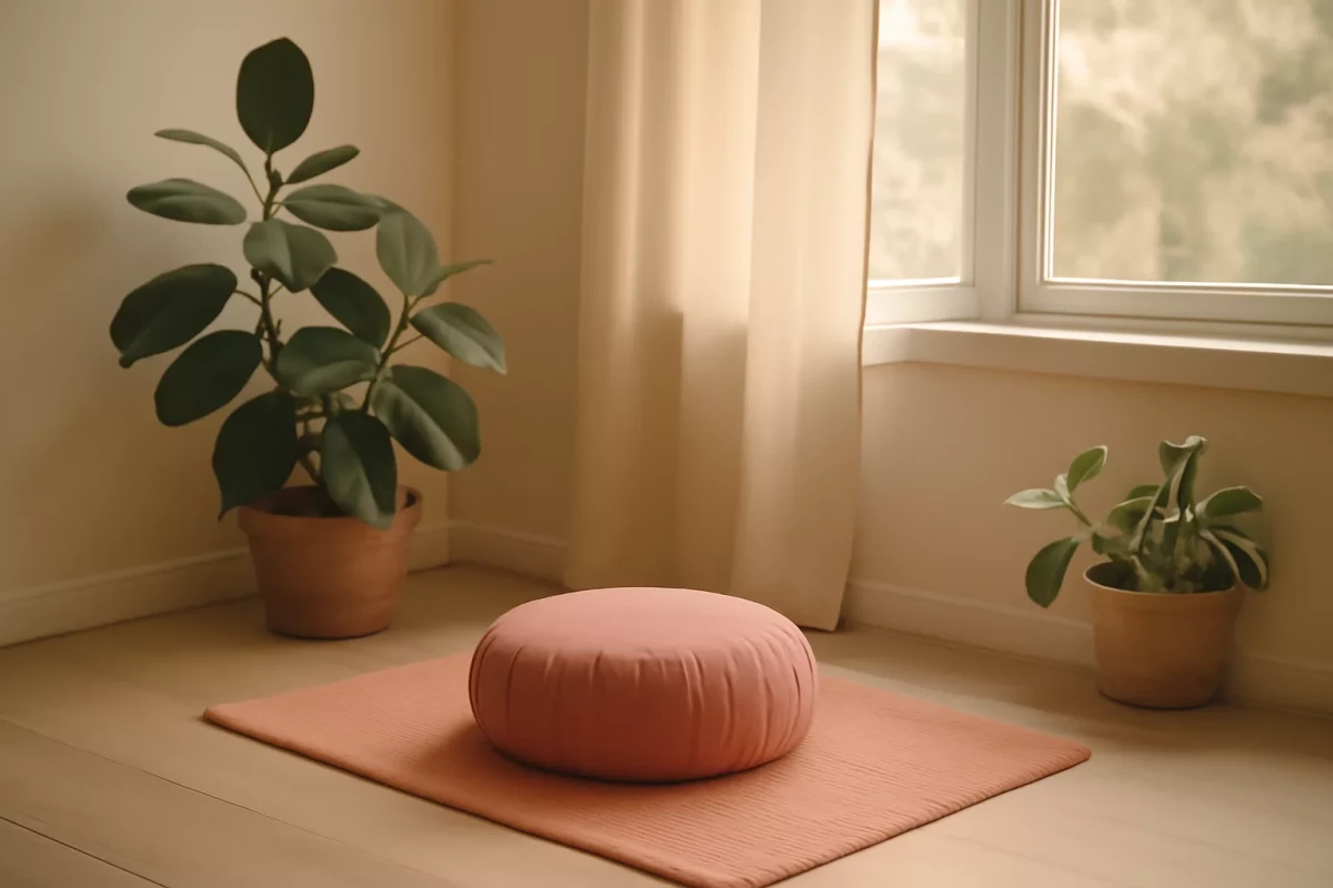 Rincón tranquilo con esterilla, cojín de meditación y plantas, iluminado con luz natural y pensado para crear un momento de calma y conexión personal.